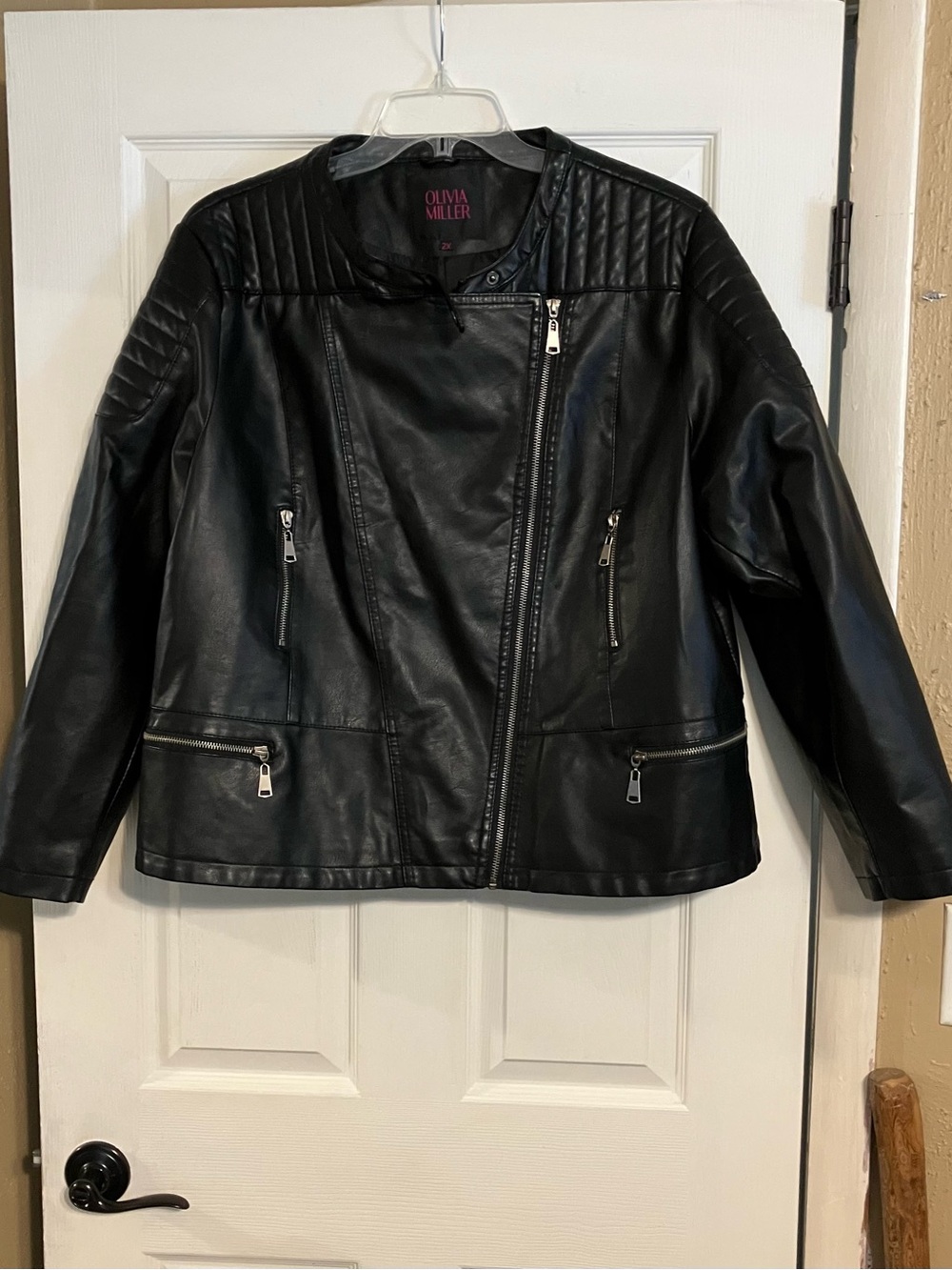 Olivia Miller Faux Leather Jacket Moto Biker Quilted Shoulder Zipper Black 2XL